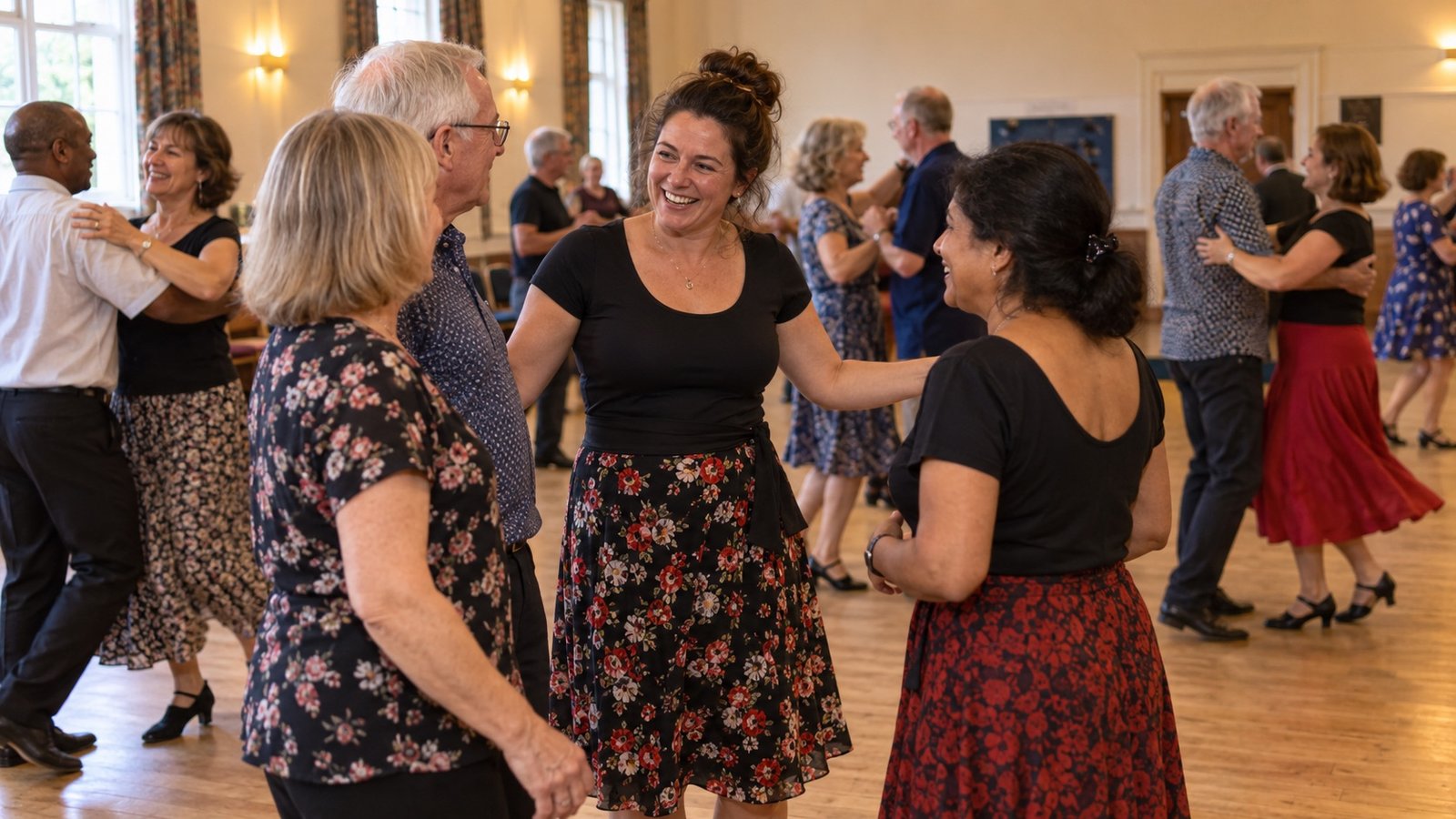 Members greeting each other at a community dance club